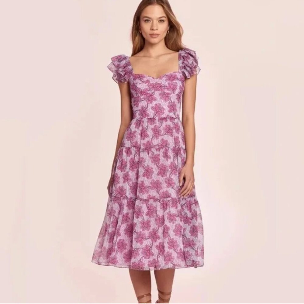 Amanda Uprichard Francia Tiered Floral Flowy Chiffon Midi Dress - Sz S